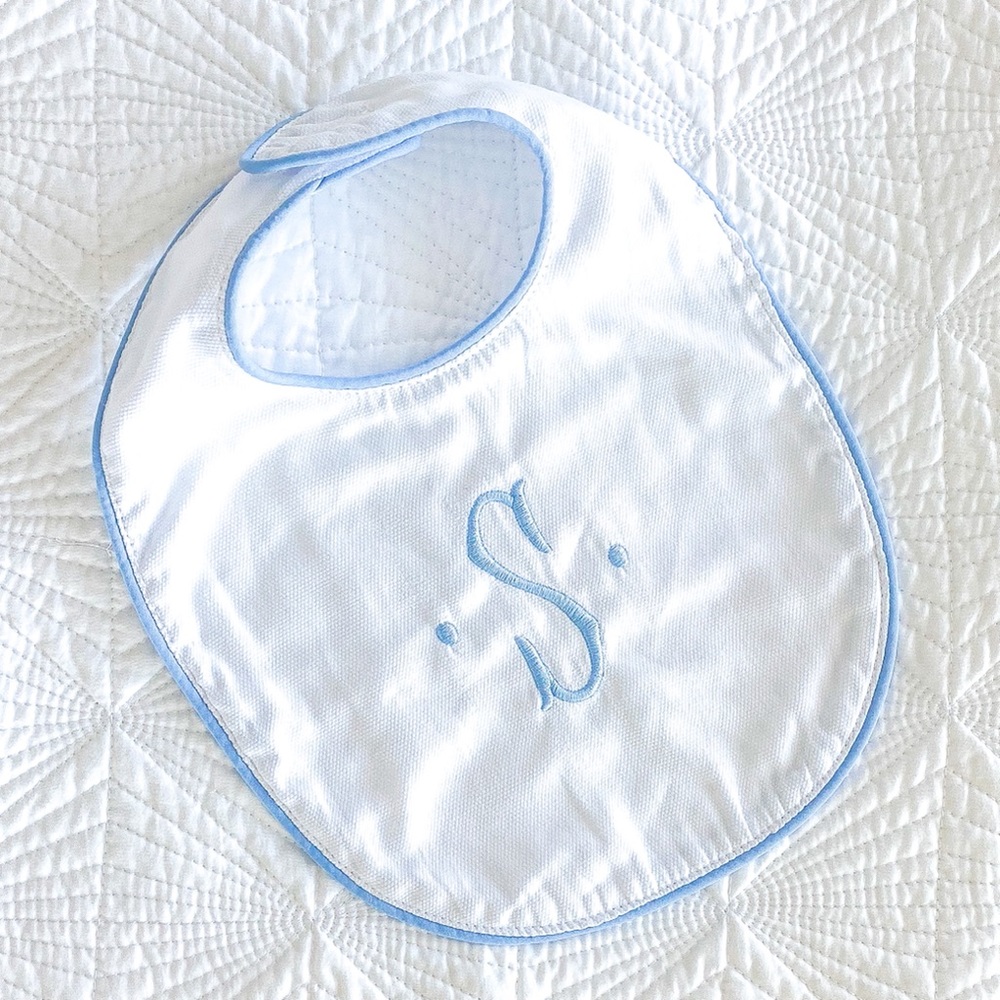 Baby Bib •S• White with Baby Blue Piping